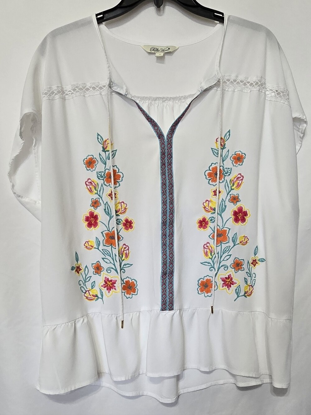The Pioneer Woman White Floral Embroidered Peasant Blouse Ruffle Hem Top XL